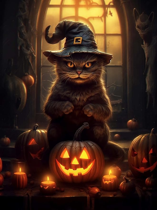 reofrey diy 钻石绘画套件成人万圣节,钻石艺术幽灵猫全钻圆形水钻